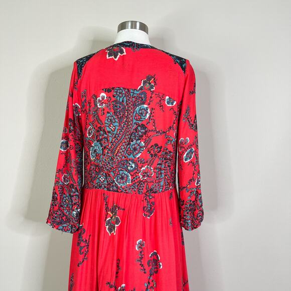 Free People | If Only You Knew Red Floral Slit Flowy Boho Maxi Dress EUC XS - Picture 9 of 12